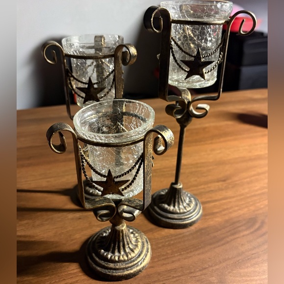 Other - Vintage Bronze Star Crackled Glass Candle Holders Set of 3
